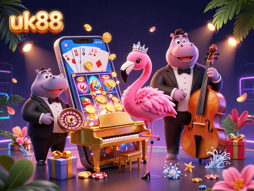 Spin the reels with uk88 in a vibrant casino scene featuring a singing flamingo and a hippo bassist.