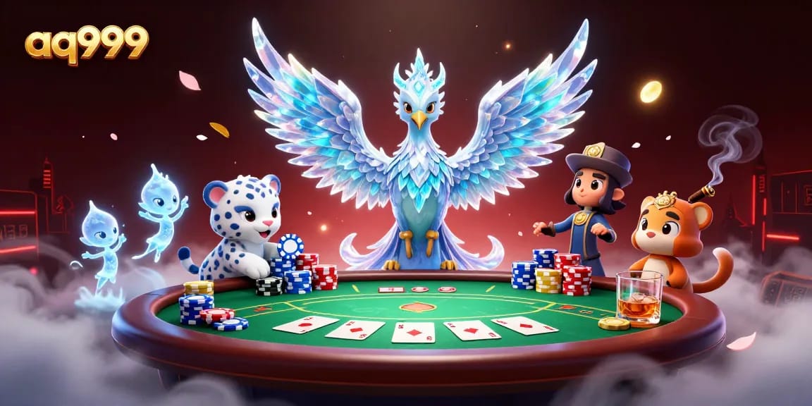 Play thrilling games at aq999 with an ice phoenix, colorful poker chips, and vibrant sprites.