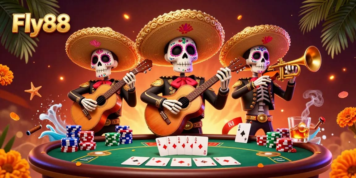 Experience thrilling games at Fly88 with a vibrant casino scene featuring skeleton mariachi band and poker elements.