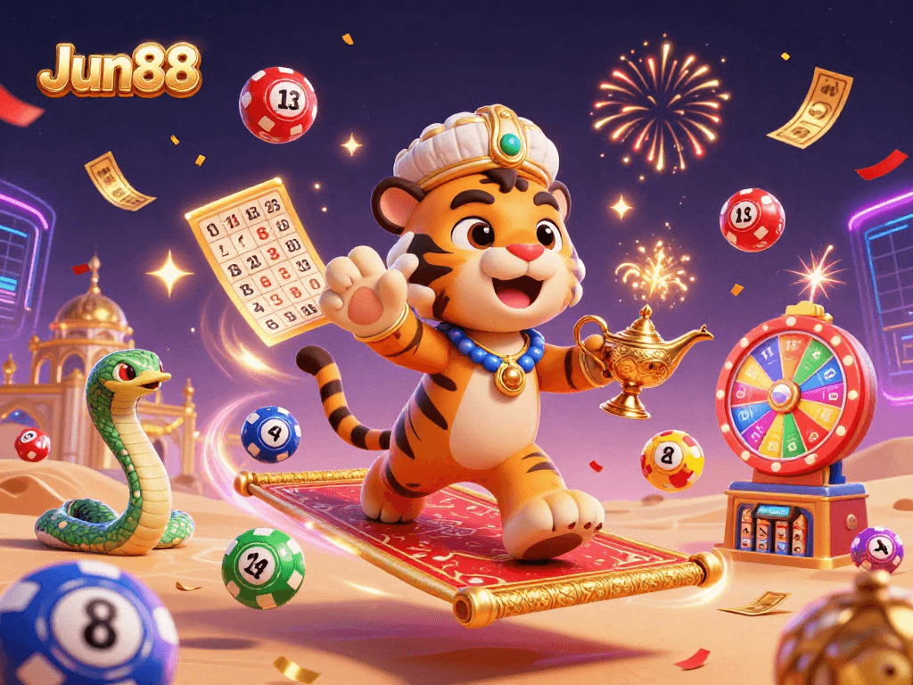 Join the winning excitement at Jun88 with a vibrant 3D casino scene featuring colorful games and dynamic lottery elements.