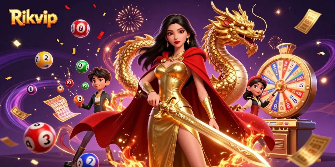 Engaging visual of the Rikvip casino world featuring dynamic lottery elements and a warrior queen theme.