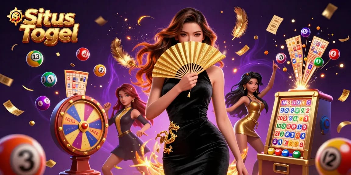 Engage with Situs Togel through vibrant numbered lottery balls and an ornate scene with lucky symbols.