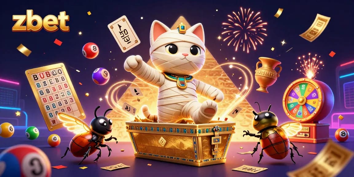 Engage with zbet's thrilling atmosphere as the Egyptian mummy cat and scarab beetle celebrate casino adventures.