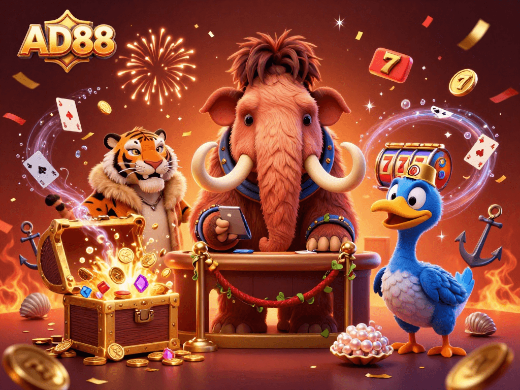 Join the action at AD88 with a vibrant 3D digital illustration of lively casino characters surrounded by dynamic game elements.