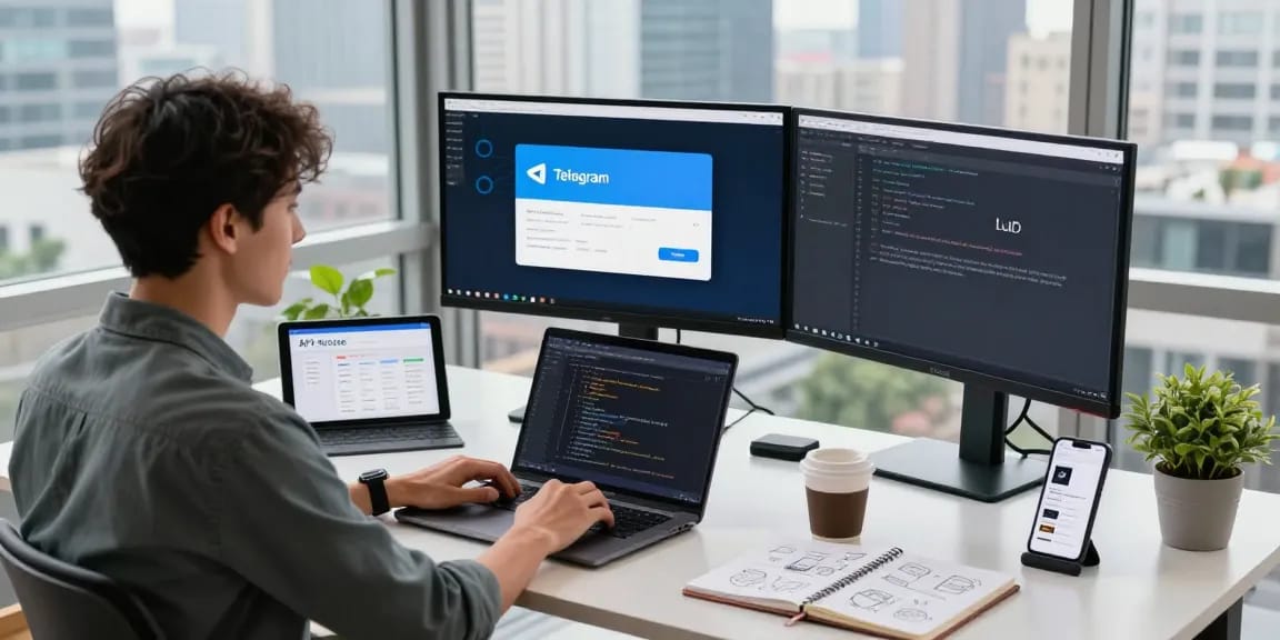 Experience the future of communication with Telegram Download, showcasing a modern tech workspace filled with innovation.
