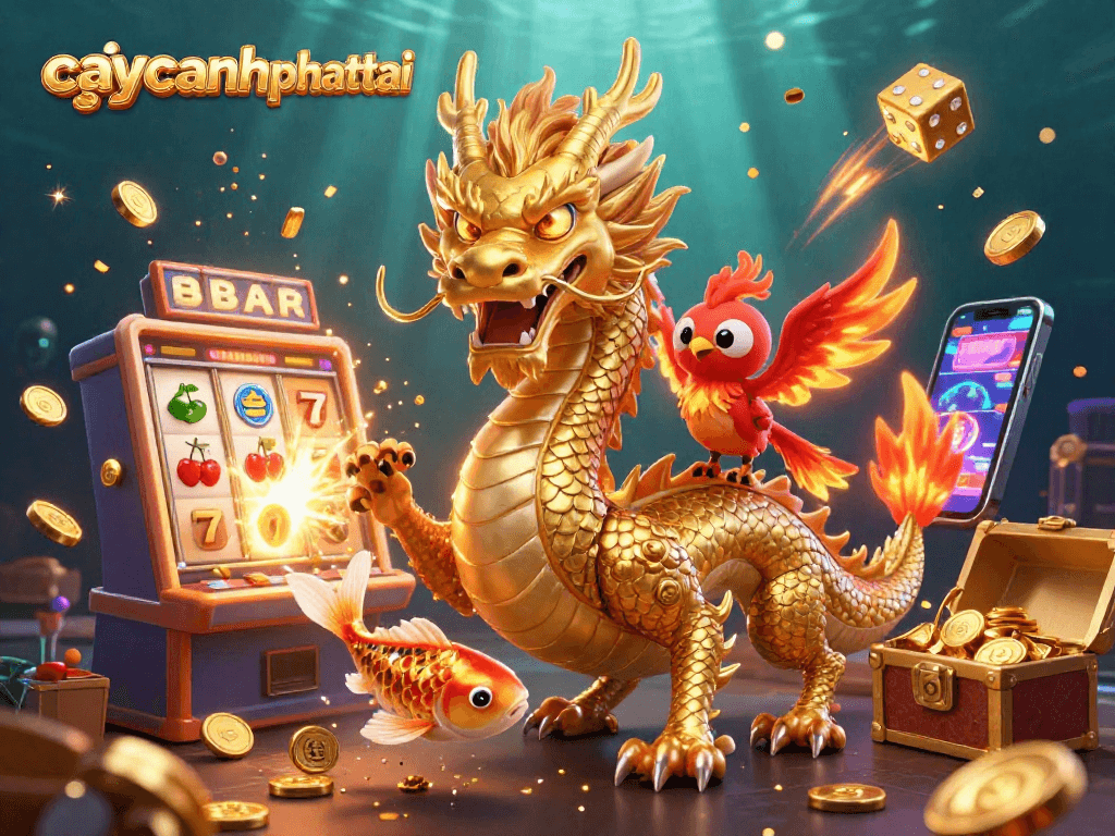 Spin the reels and win big with caycanhphattai's vibrant 3D casino scene featuring lucky symbols and treasures.
