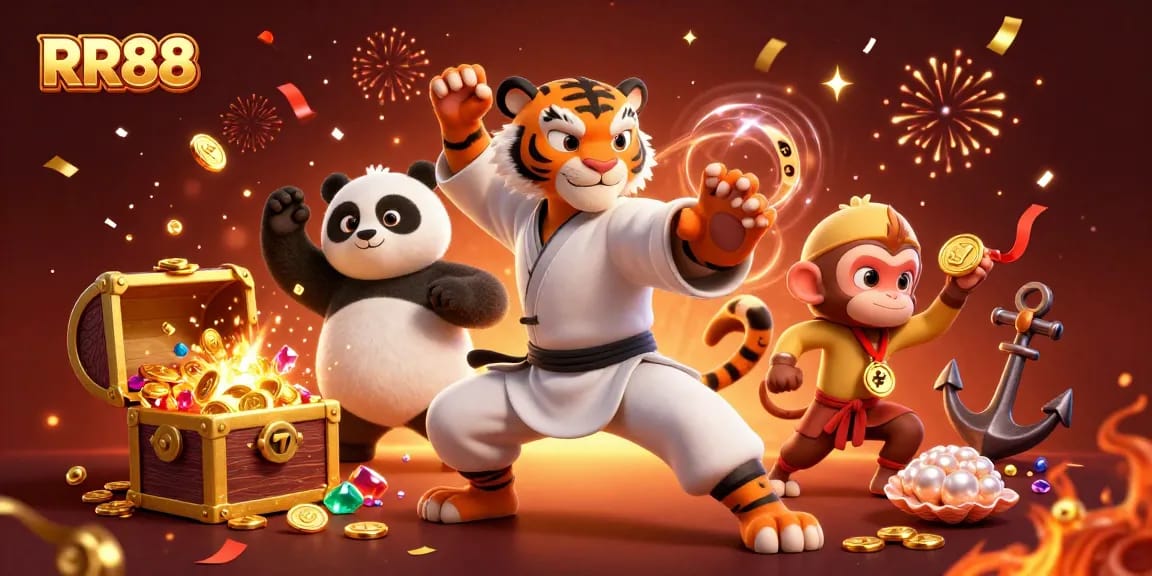 Engage with RR88's thrilling slots as the kung fu tiger master showcases his skills in a vibrant 3D casino