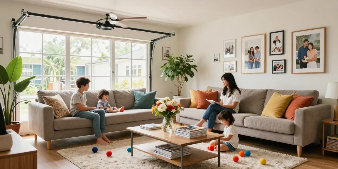 Garage conversions create warm, inviting living spaces for families, showcasing a cozy living room.