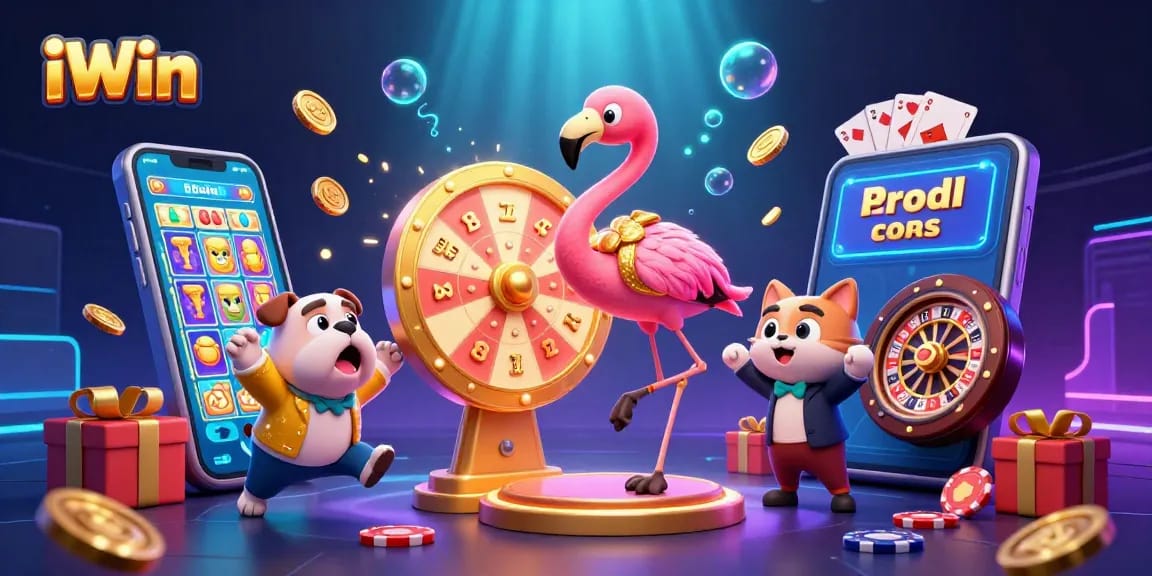 iWin captures excitement with a flamingo host, bulldog contestant, and vibrant casino elements in action.