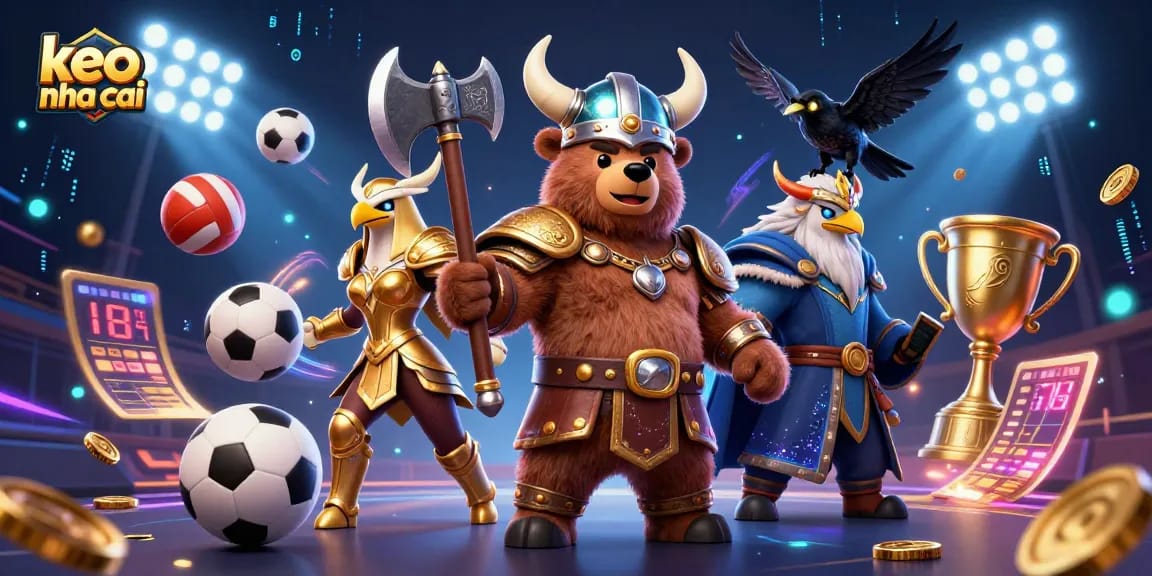 Bet on keo nha cai and win with sports-themed elements in a vibrant 3D illustration.