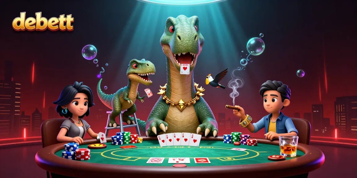 Engage with debett through a vibrant poker scene featuring unique dinosaur characters.