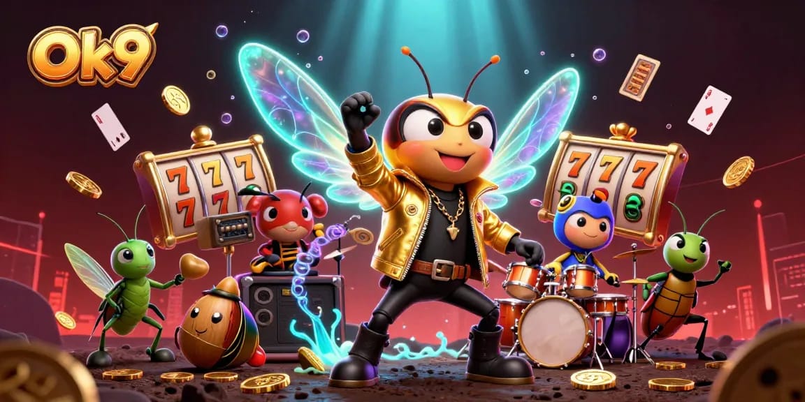 Witness Ok9's dynamic casino scene featuring a rock star cicada amidst exploding jackpots and vibrant gaming elements.
