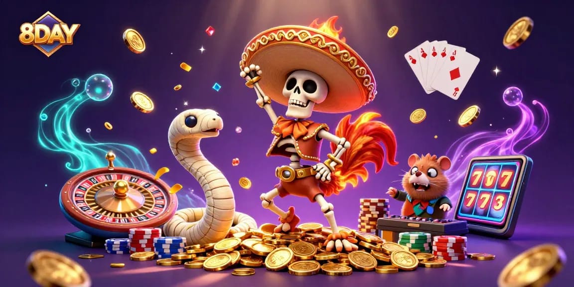 Experience the thrilling action at 8DAY casino with vibrant characters celebrating wins surrounded by golden coins and jackpots.