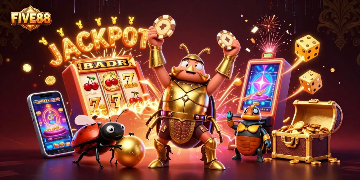 FIVE88 banner featuring a victorious hercules beetle, golden elements, and jackpot excitement in a vibrant casino scene.