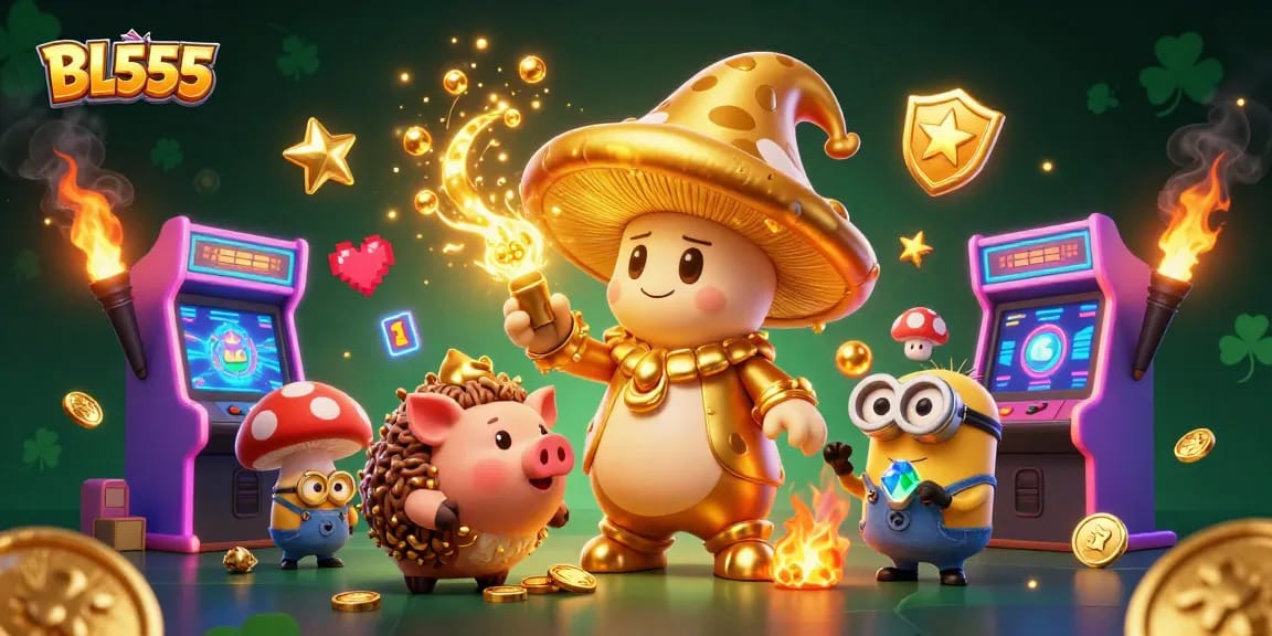 Engage in golden adventures with BL555, featuring a magical wizard and treasure-hunting pig in a vibrant casino world.