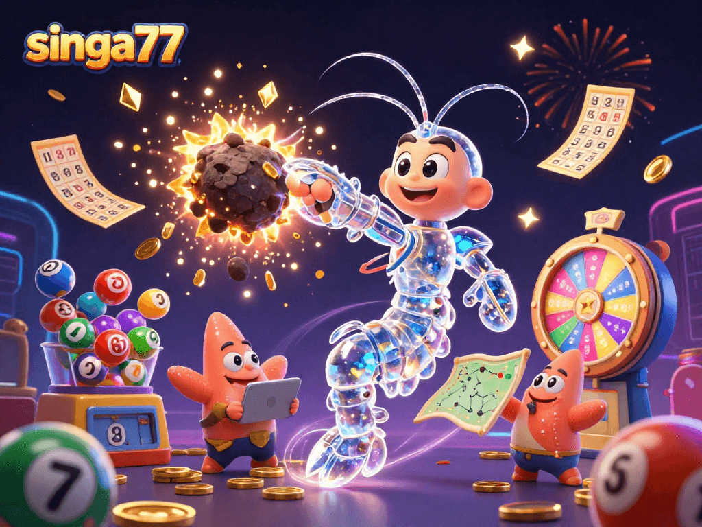 Singa77 energizes gamblers with vibrant lottery excitement, featuring colorful bouncing balls and a dynamic scene.