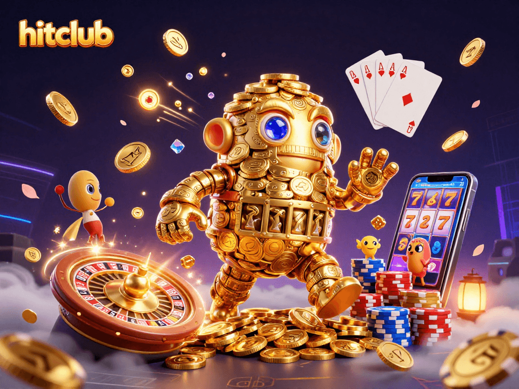 Engage with hitclub's dynamic casino scene featuring spinning roulette, golden golem, and floating coins.