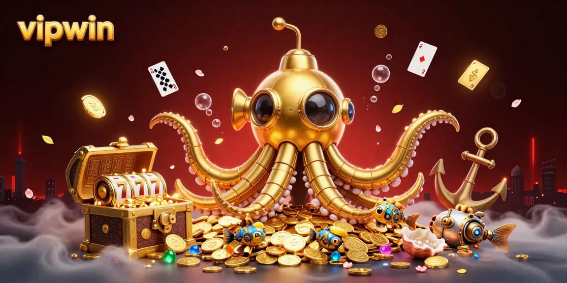 Engage in thrilling slot adventures with vipwin, featuring a golden kraken submarine and vibrant treasure.
