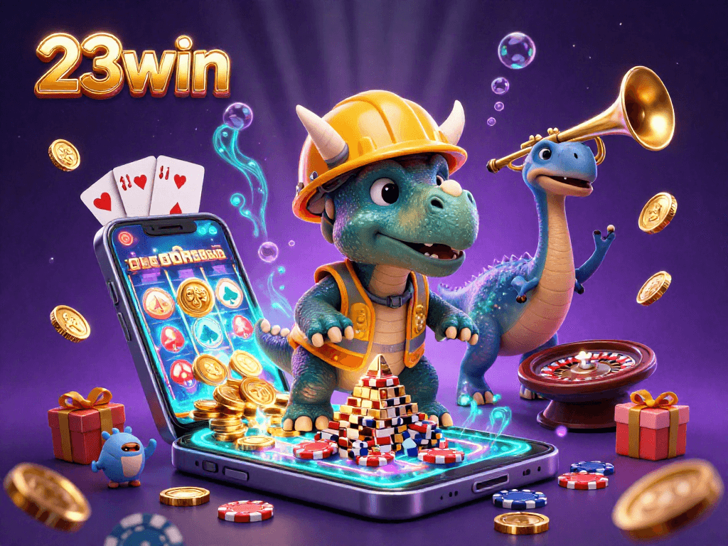 Experience the excitement of gaming with 23win, featuring cartoon dinosaurs building poker chip towers.