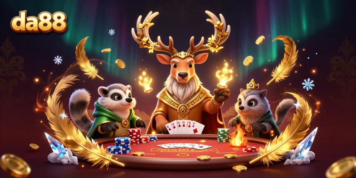 Play poker and win with da88 in a vibrant 3D casino scene featuring unique characters and betting tokens.