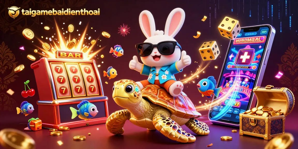 Experience excitement at taigamebaidienthoai with lucky rabbit and golden turtle amid casino gaming elements.