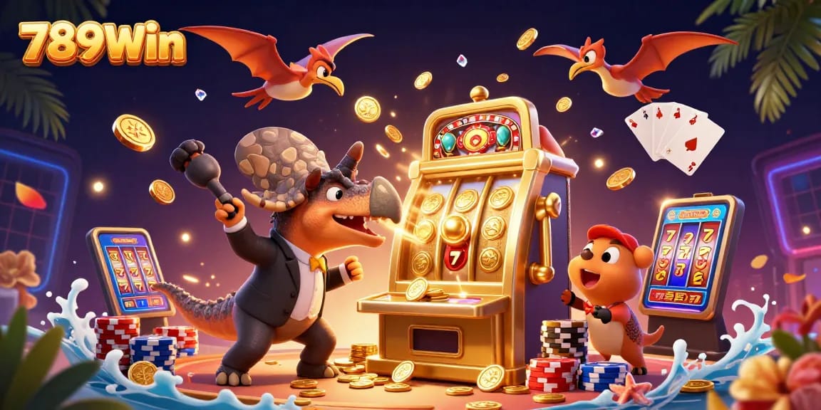 Experience the excitement at 789Win as a pachycephalosaurus hits the jackpot amidst flying coins and a vibrant casino backdrop.