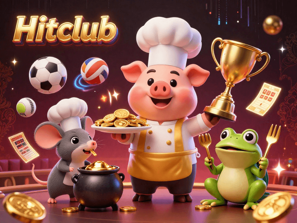 Hitclub chef pig serves gold coins amidst bustling casino elements and vibrant energy.