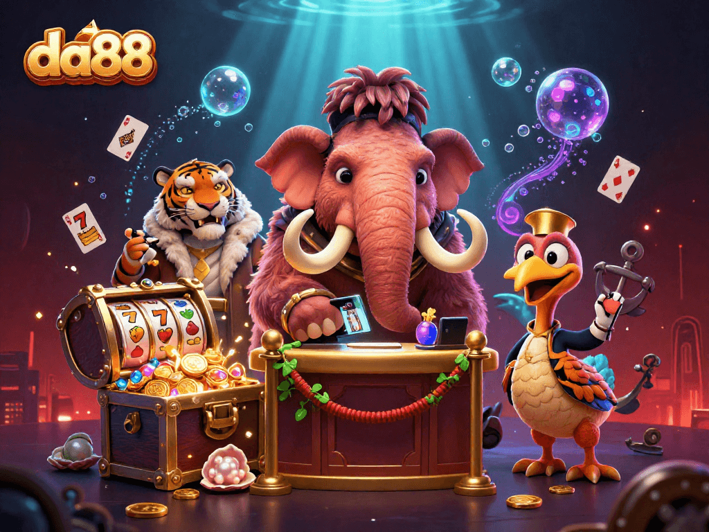 Experience the excitement of da88 casino with a vibrant 3D illustration featuring unique characters.
