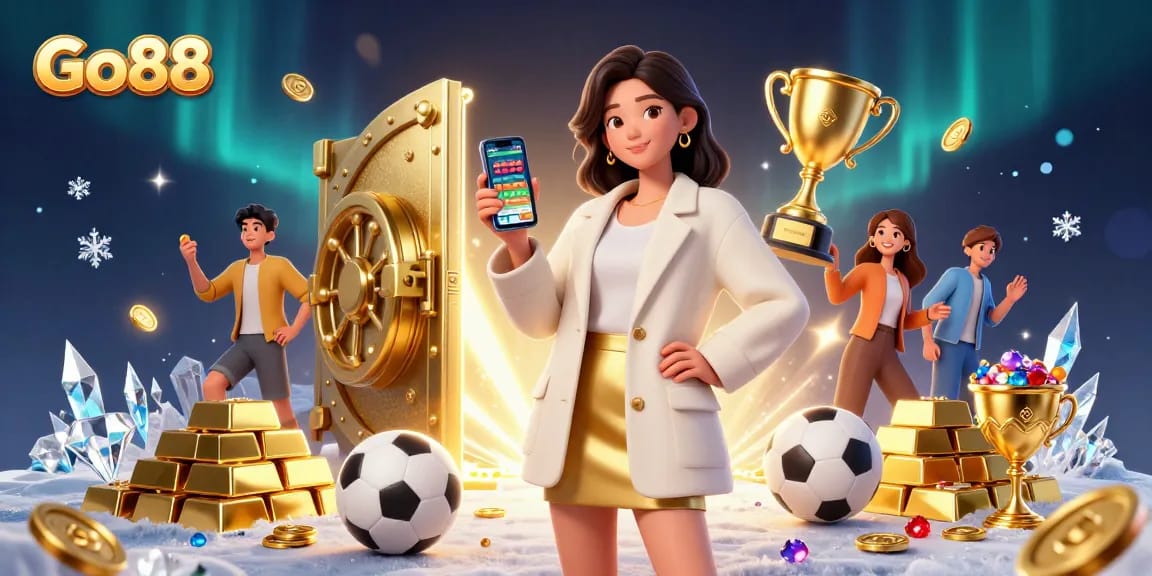 Experience the thrill at Go88 with mobile sports betting, showcasing vibrant illustrations of winnings.