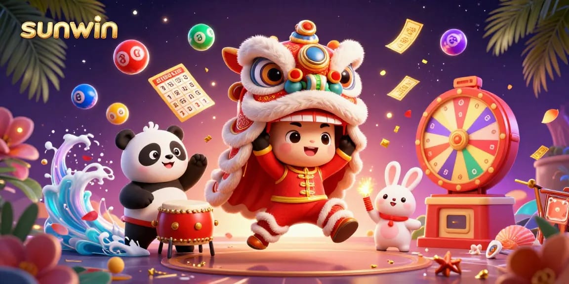 Join the vibrant sunwin celebration with a lion dance, drumming panda, and festive lottery elements.