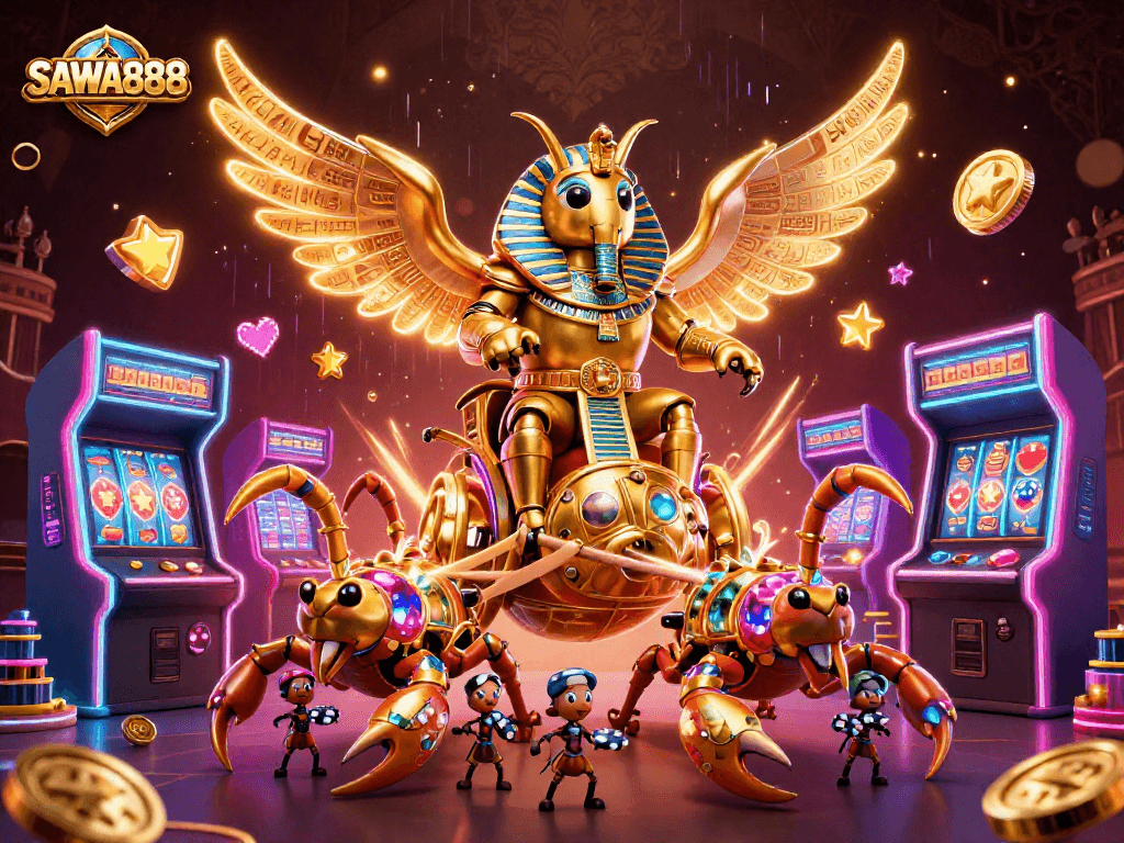 Win big with SAWA888's vibrant slots, featuring a golden scarab beetle and scorpions!