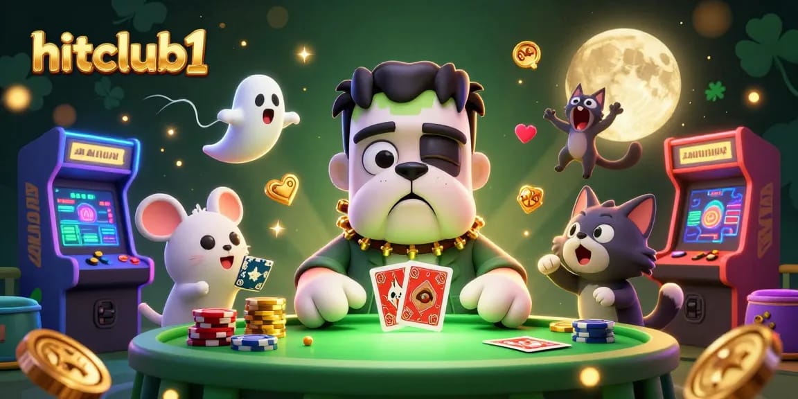 Hitclub1 offers thrilling gaming with a vibrant scene featuring a Frankenstein bulldog and lively casino elements.