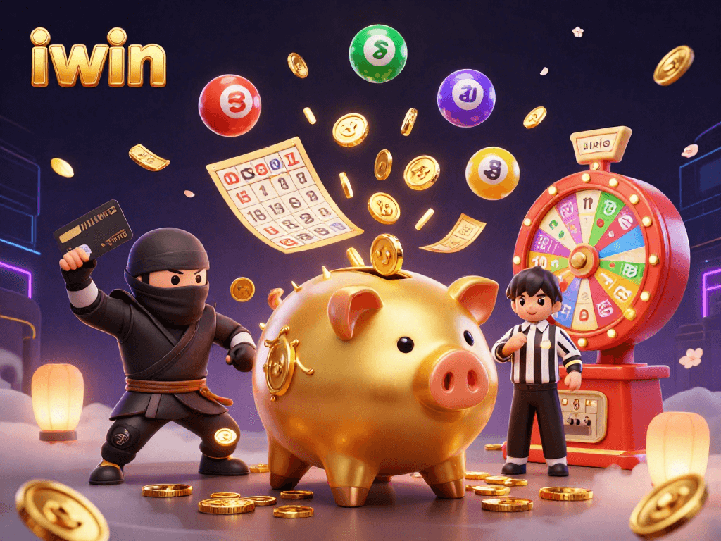iwin gaming scene featuring a golden piggy bank sumo wrestler and colorful lottery elements.