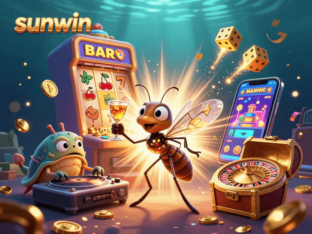 Experience sunwin's vibrant casino features with a frozen mosquito mascot and trilobite DJ.