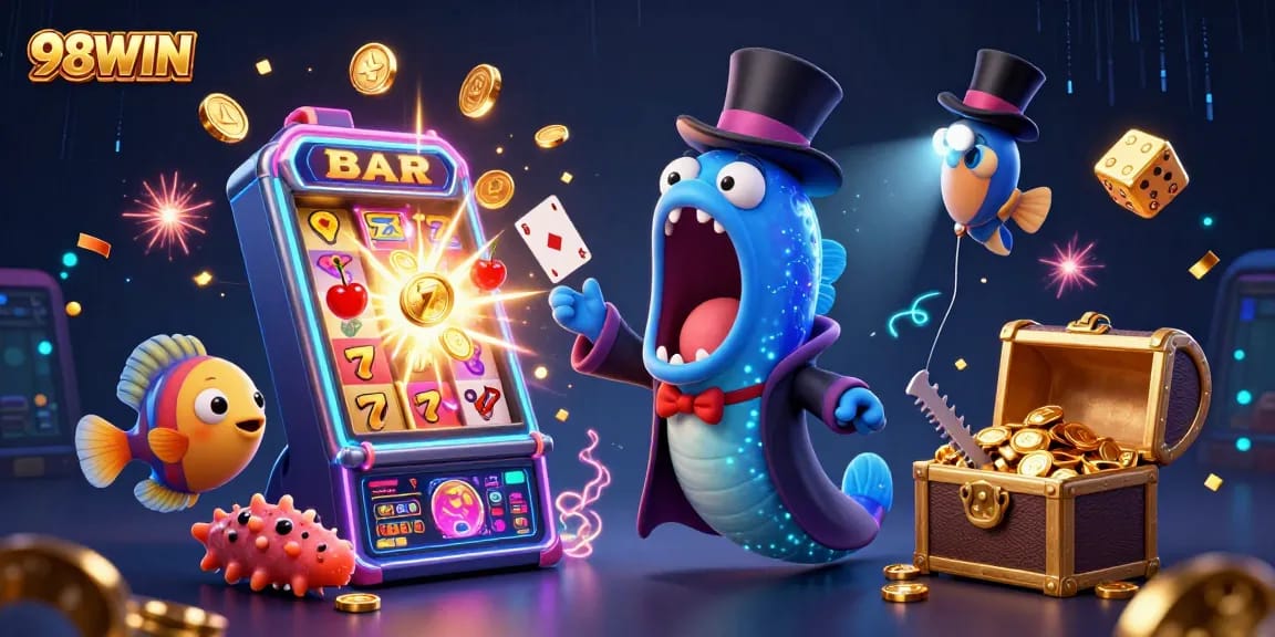 Experience the excitement of 98WIN casino with dynamic characters and thrilling gaming scenes.