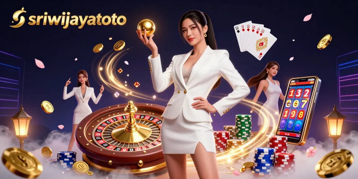 Sriwijayatoto showcases an Asian woman confidently holding a roulette ball amidst vibrant casino elements.