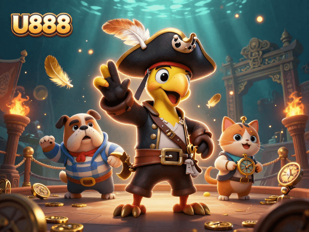 Experience joy at U888 with captivating visuals and dynamic gaming elements in a pirate-themed casino setting.