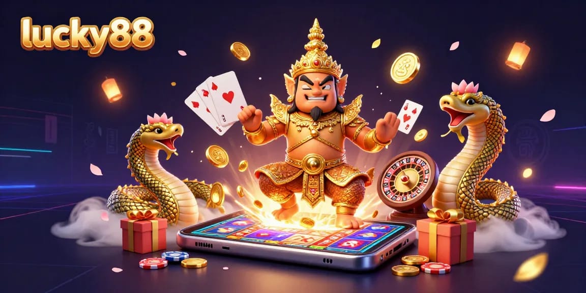 Experience lucky88's vibrant casino world with a joyful yaksha guardian, slot games, and golden treasures.