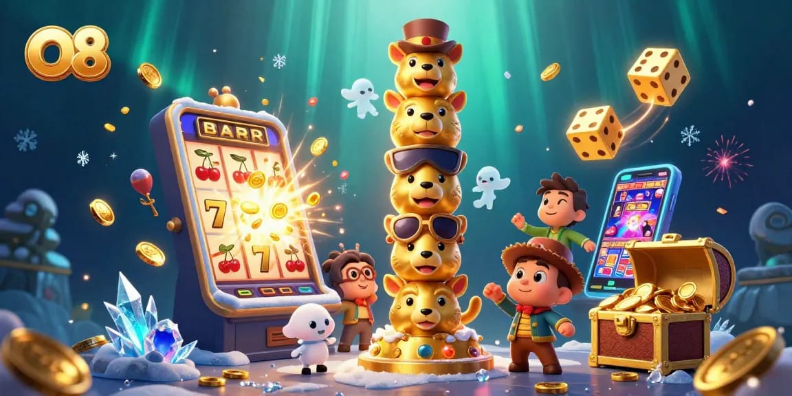 O8 invites players to engage with vibrant slot games illuminated by coins and jackpots.