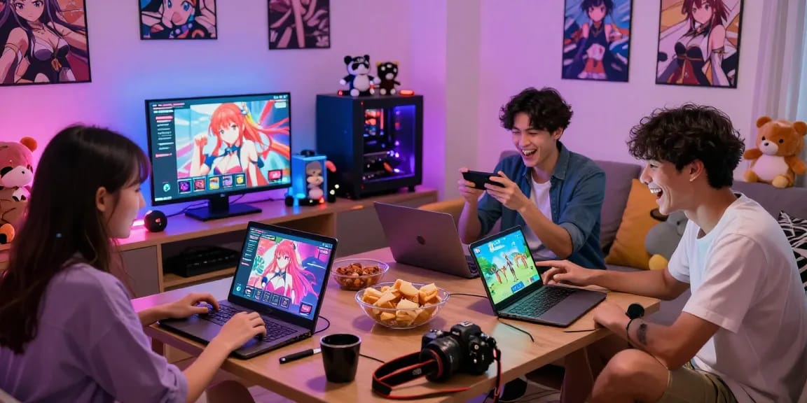 Friends enjoying free hentai games on multiple devices in a cozy gaming setup.