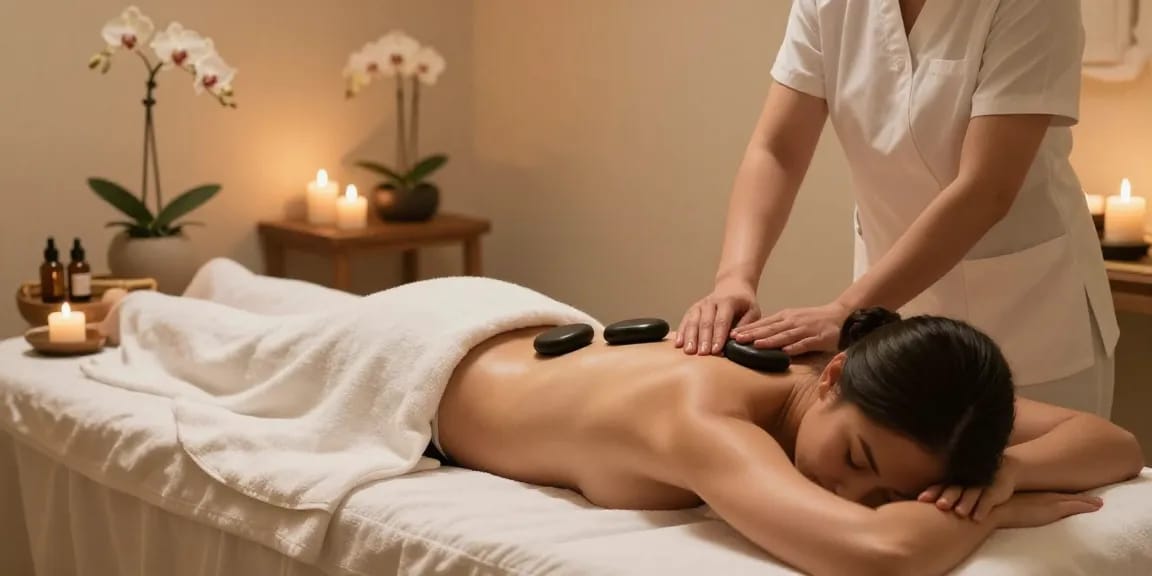 TRANG CHỦ ALO8, luxurious spa treatment room with hot stone massage for relaxation and rejuvenation.