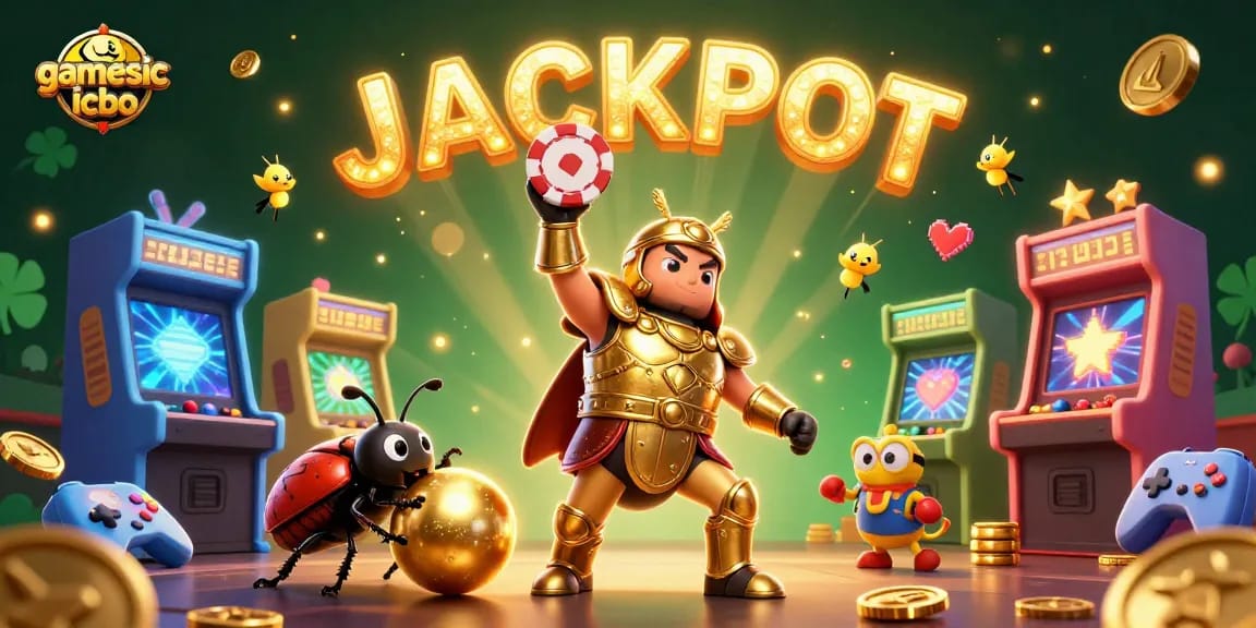 Experience the thrill of gamesicbo with a heroic beetle lifting a poker chip under a dazzling jackpot display.