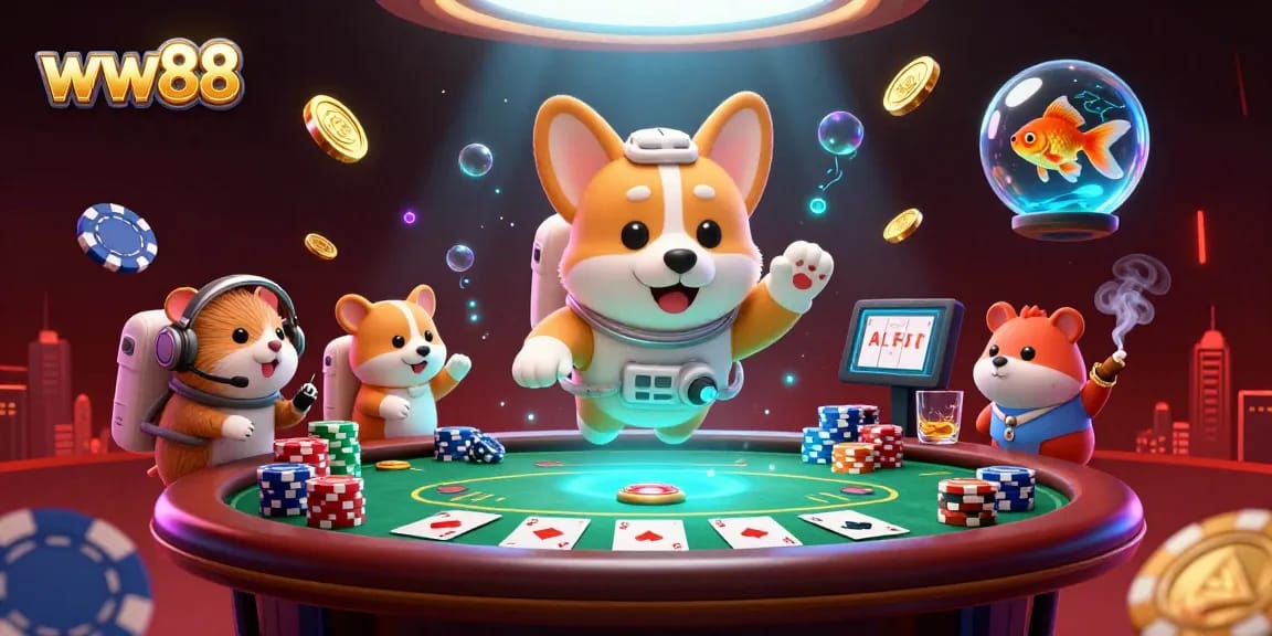 Engage with thrilling poker action at ww88 casino as a 3D corgi floats in space.