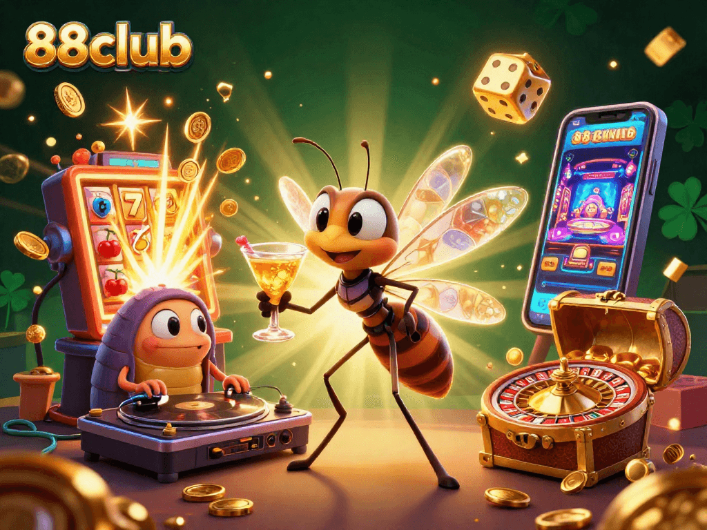 Experience thrilling jackpots with 88club’s colorful casino adventure illustration featuring a quirky mosquito mascot.