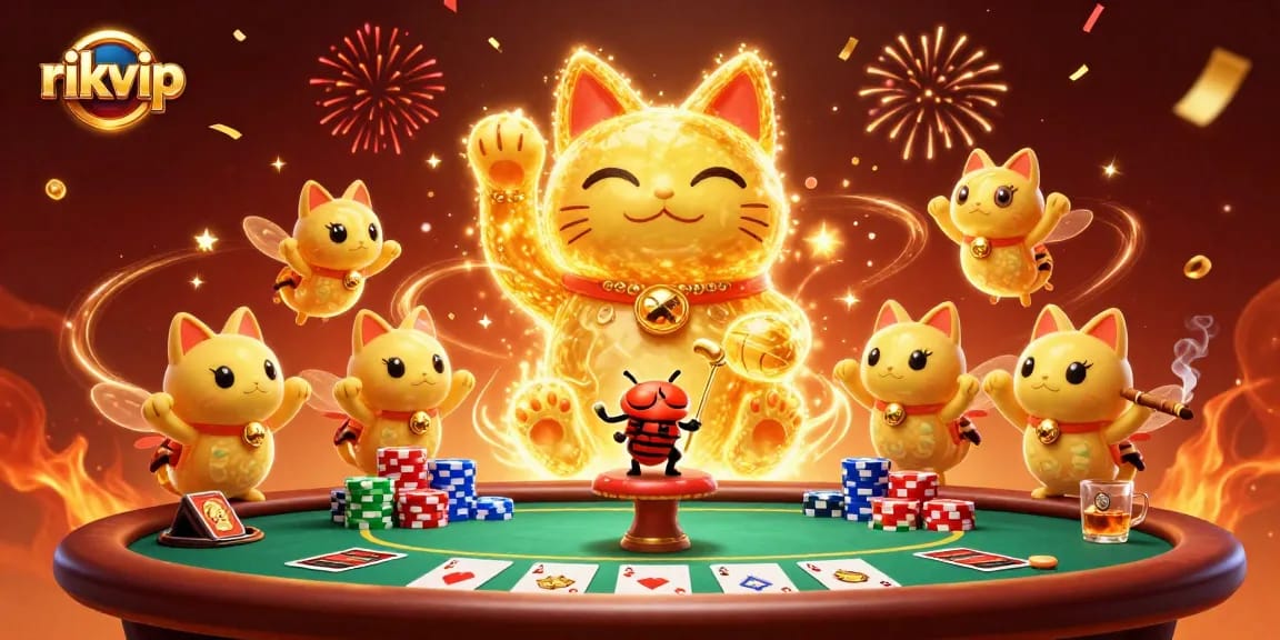 rikvip showcases a vibrant 3D scene with a lucky cat and poker elements for an engaging gambling experience