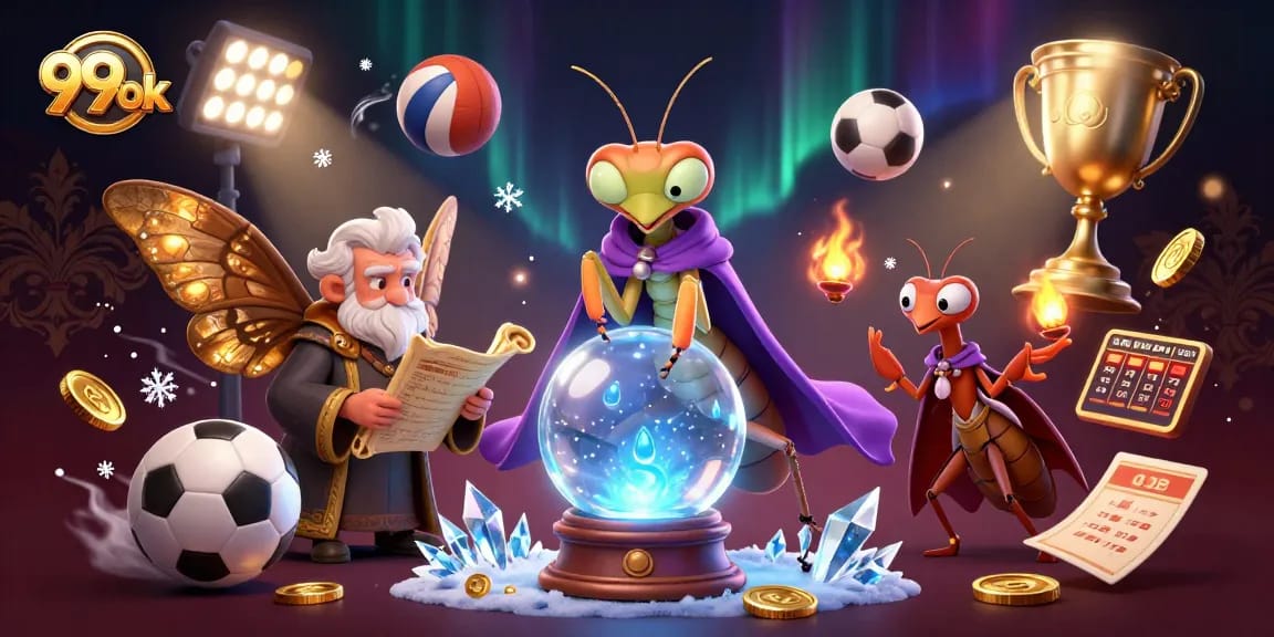 Bet on exciting games at 99ok with a colorful, mystical casino illustration featuring dynamic sports elements.