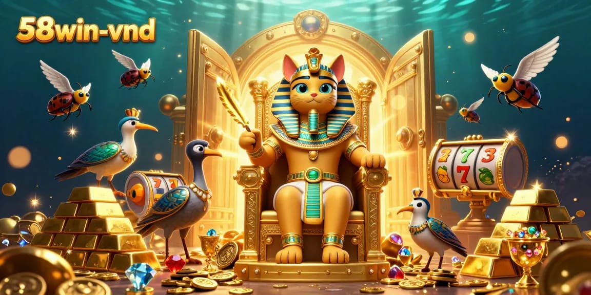 Experience the magic and excitement of 58win-vnd with a lavish 3D fantasy casino scene featuring animated characters and dazzling gems.