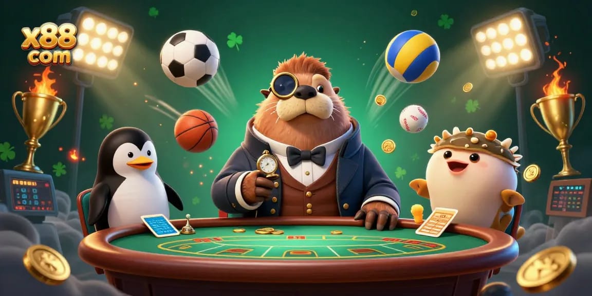 Experience thrilling gameplay at x88 com in this vibrant casino scene with playful characters.