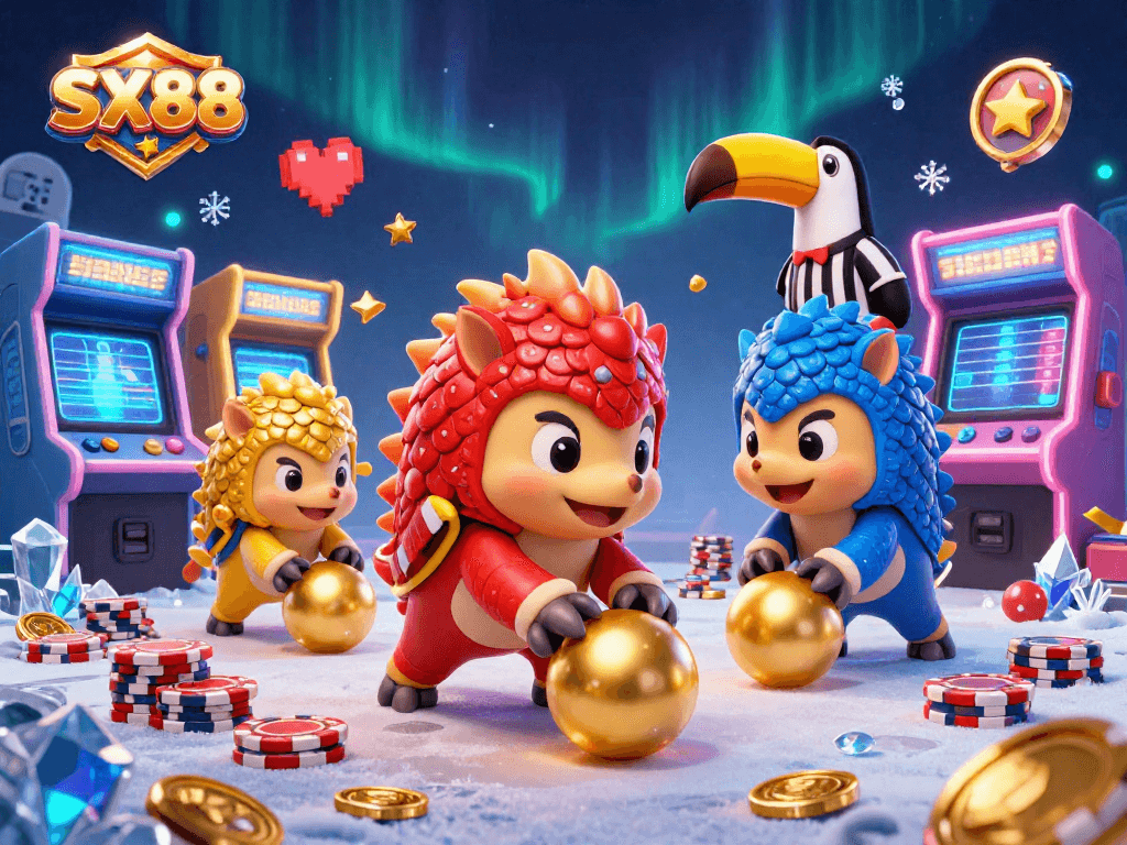 SX88 pangolins compete in a playful arcade game, surrounded by colorful casino elements and golden coins.