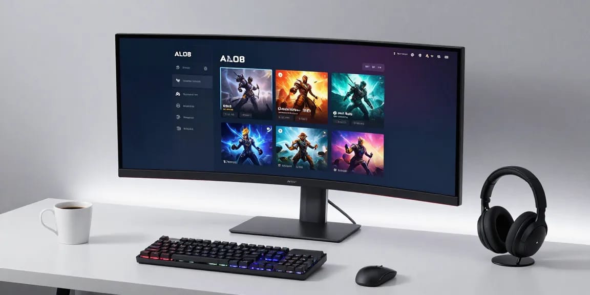 alo868 gaming platform interface showcased on an ultra-wide monitor in a modern developer workspace featuring advanced software development tools.